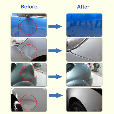 Poređenje "pre i posle" popravke udubljenja na automobilu, prikazujuci efikasnost alata u uklanjanju ulubljenja.