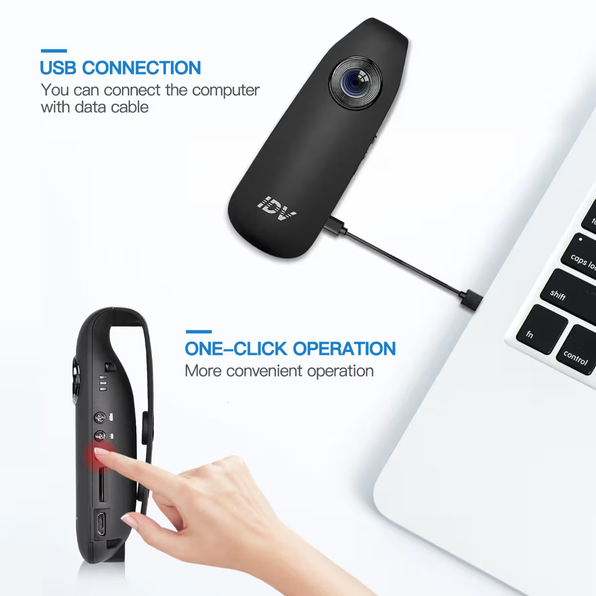 Prikaz povezivanja mini kamere na laptop putem USB kabla i pritisak na bočni taster