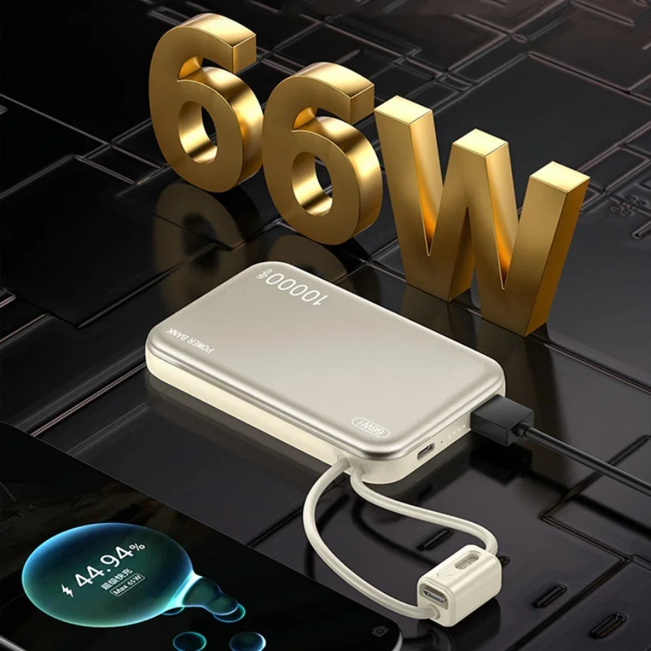 Power bank 10000mAh 66W sa ugradjenim kablom na crnoj podlozi