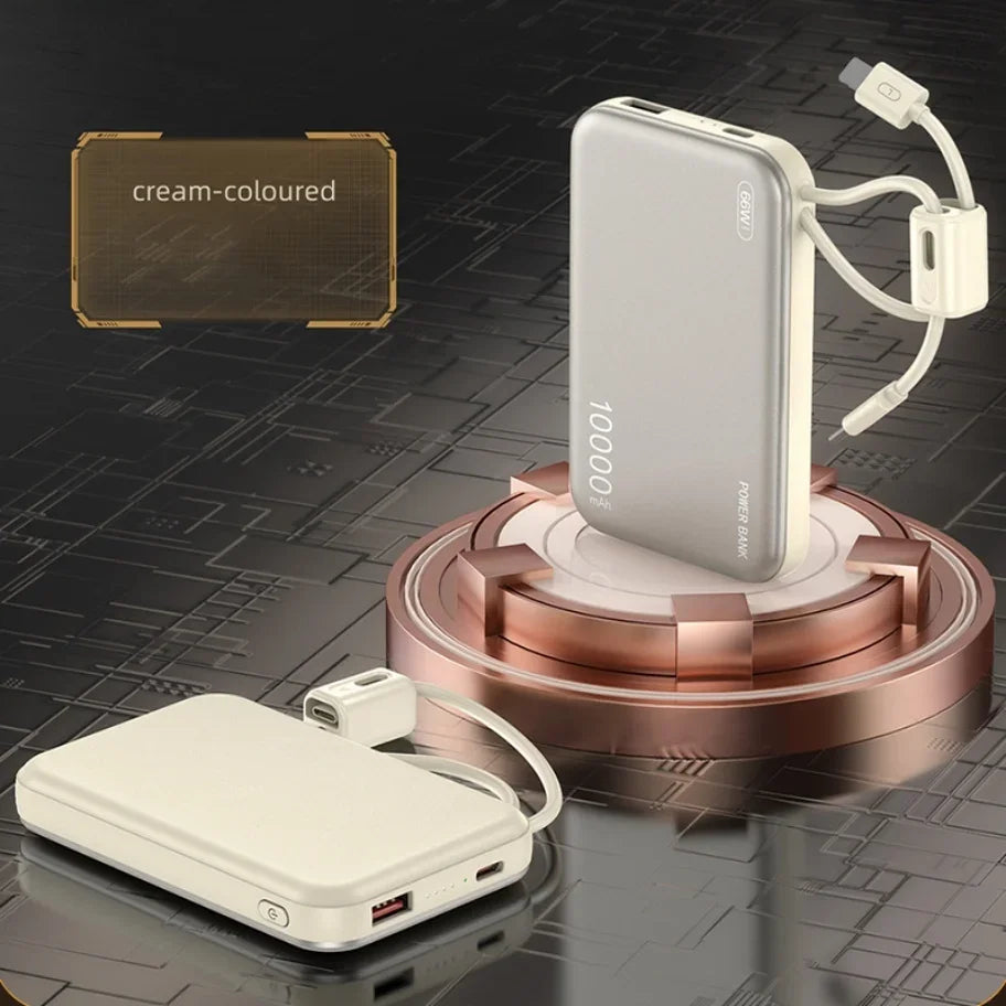 Power bank 10000mAh krem boje sa ugradjenim kablom i USB izlazom