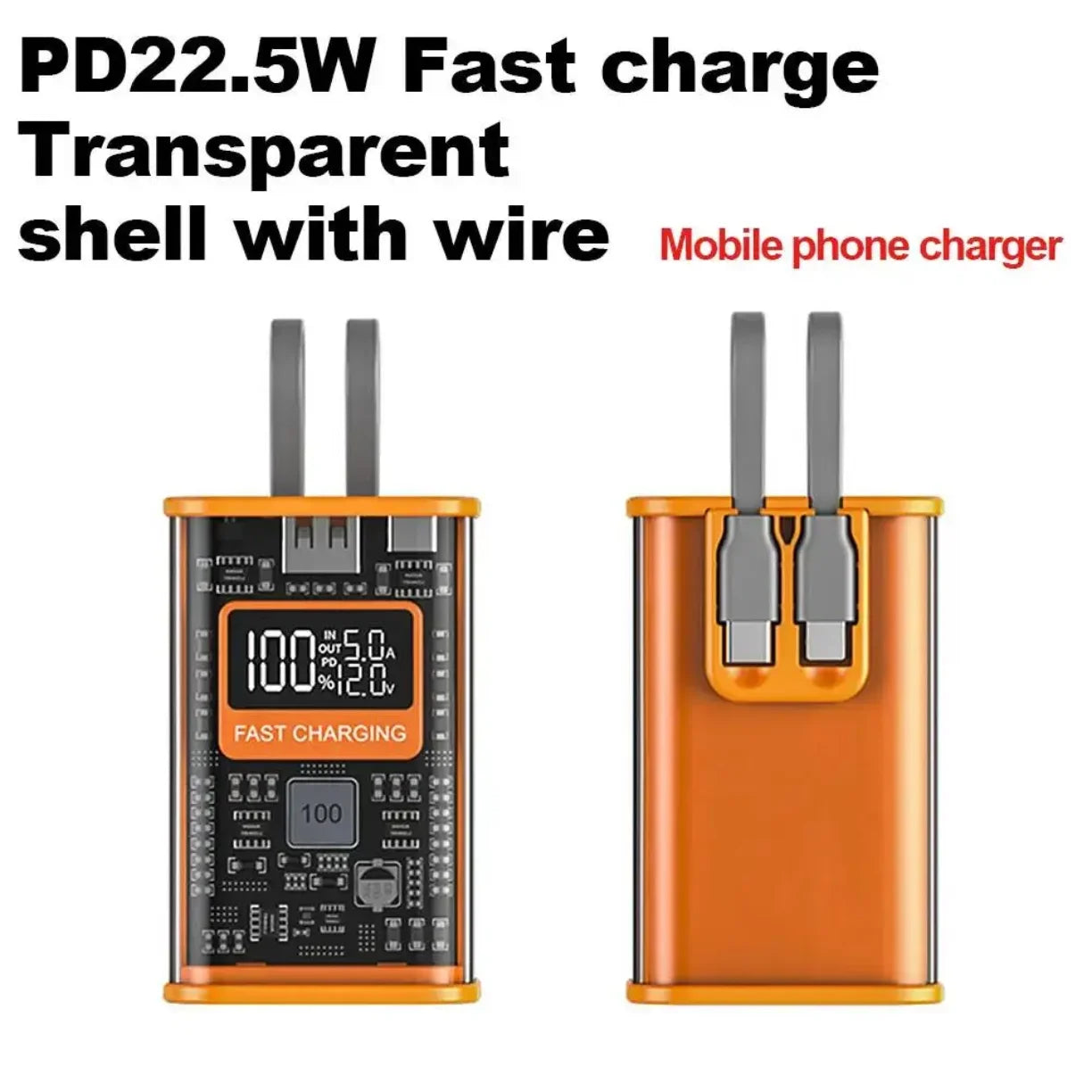 Narandzasti power bank sa providnim kucistem i ugradjenim kablovima
