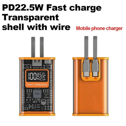 Narandzasti power bank sa providnim kucistem i ugradjenim kablovima