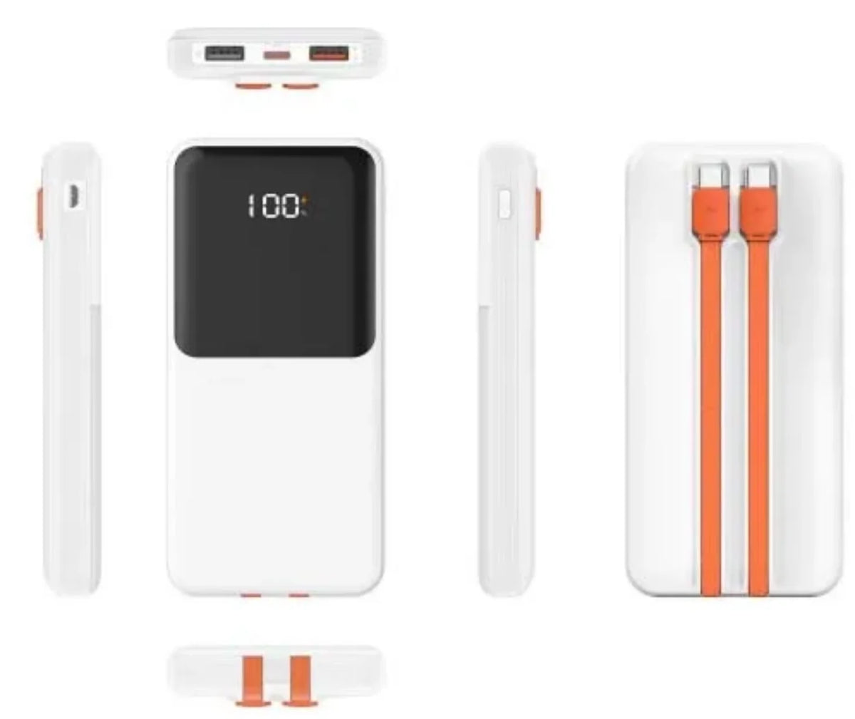 Beli power bank sa digitalnim ekranom i ugradjenim narandzastim kablovima
