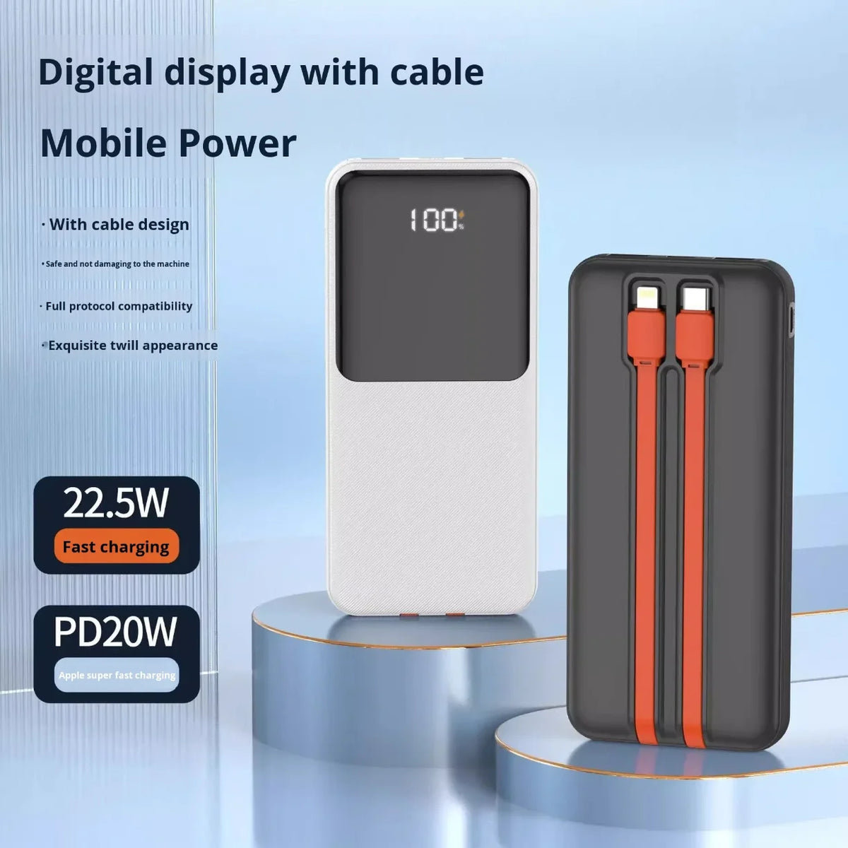 Power bank sa digitalnim displejem i dvostrukim ugradjenim kablovima 22.5W PD20W
