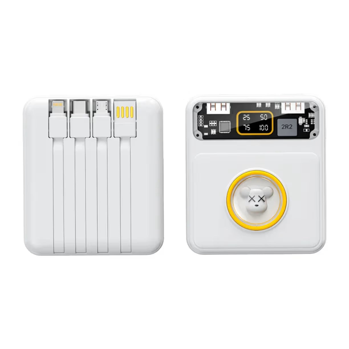 Prednja i zadnja strana belog power bank-a sa ugrađena 4 kabla za punjenje