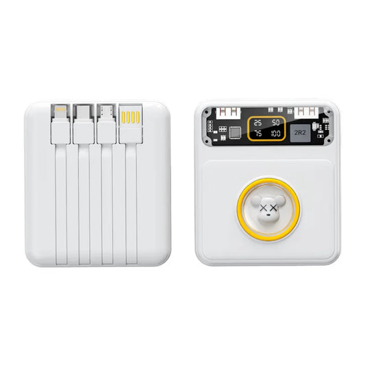 Prednja i zadnja strana belog power bank-a sa ugrađena 4 kabla za punjenje