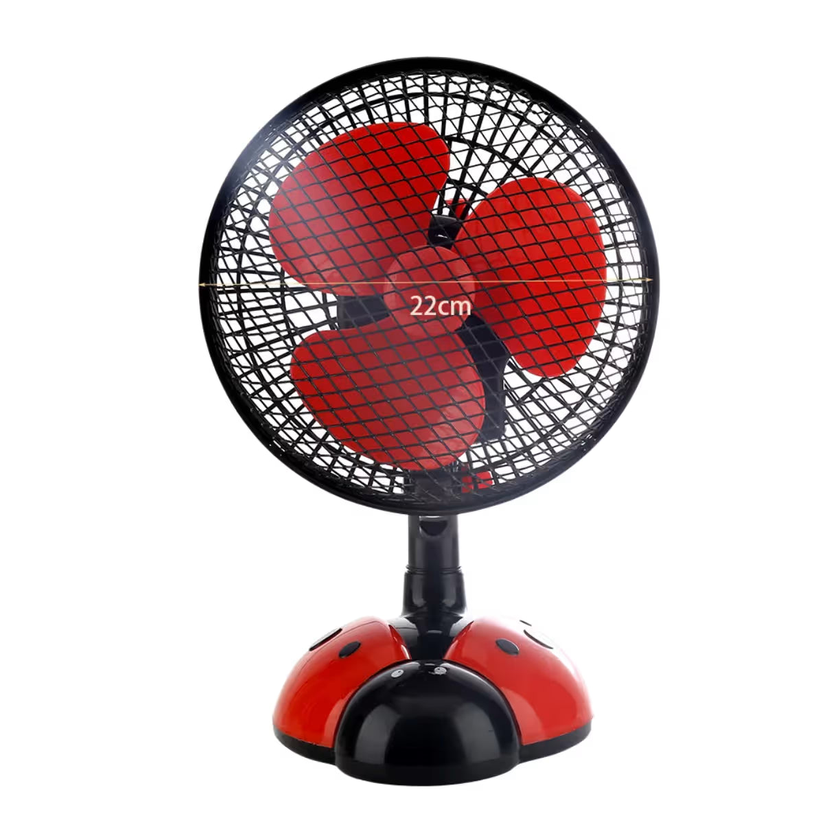 Mali stoni ventilator sa postoljem koje podseca na bubamaru i oznacenim ukupnim precnikom prednje zastitne mreze od dvadeset dva centimetra