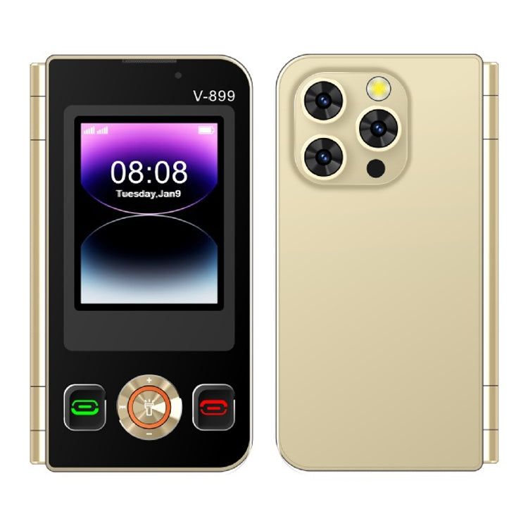 Preklopni telefon V-899, prikaz spreda sa ekranom koji pokazuje vreme 08:08 i datum utorak, 9. januar, i prikaz pozadi sa cetvorostrukom kamerom i LED blicem.