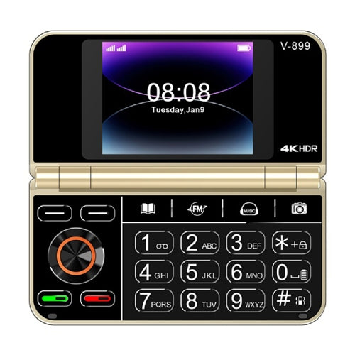 Preklopni telefon V-899 sa ekranom koji prikazuje vreme 08:08, datum utorak, 9. januar i ikone za signal, bateriju, FM radio, muziku i kameru.