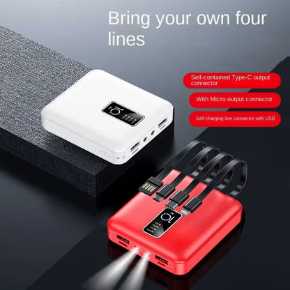 Beli i crveni power bank sa cetiri ugrađena kabla i duplo LED baterijskom lampom