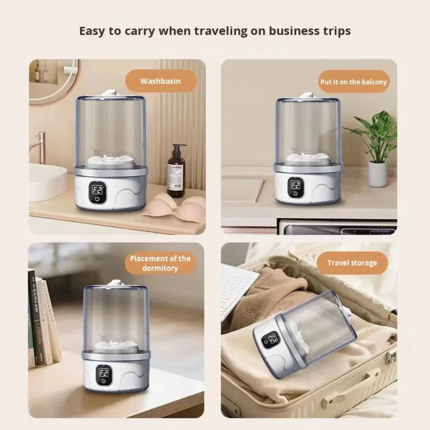 Prikaz koriscenja mini masine u kupatilu na balkonu u studentskom domu i spakovane u kofer.