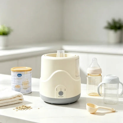 Prenosivi grejac flasica za bebe na kuhinjskoj povrsini pored bebi flasice i mleka u prahu
