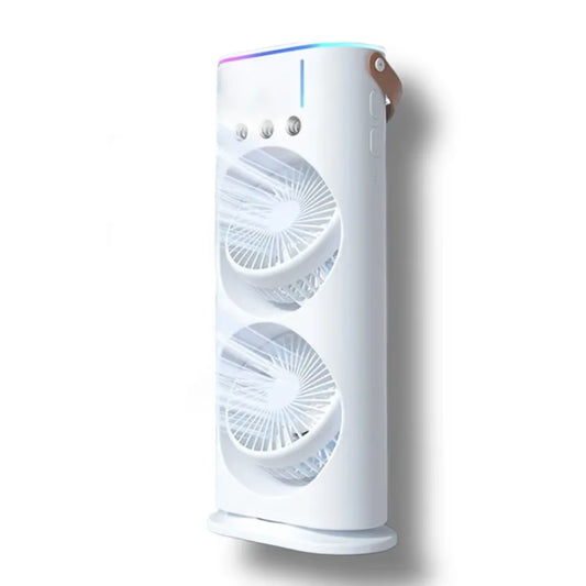 Mini klima u beloj boji sa duplim ventilatorom prikazana iz ugla koja stvara svezu maglu i hladan vazduh
