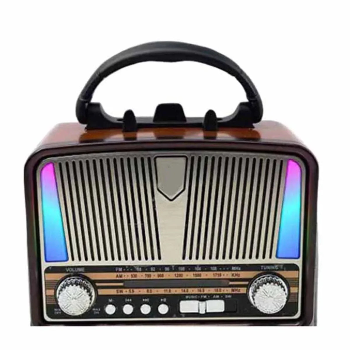 Prednja strana prenosivog retro radija sa ruckom i LED osvetljenjem