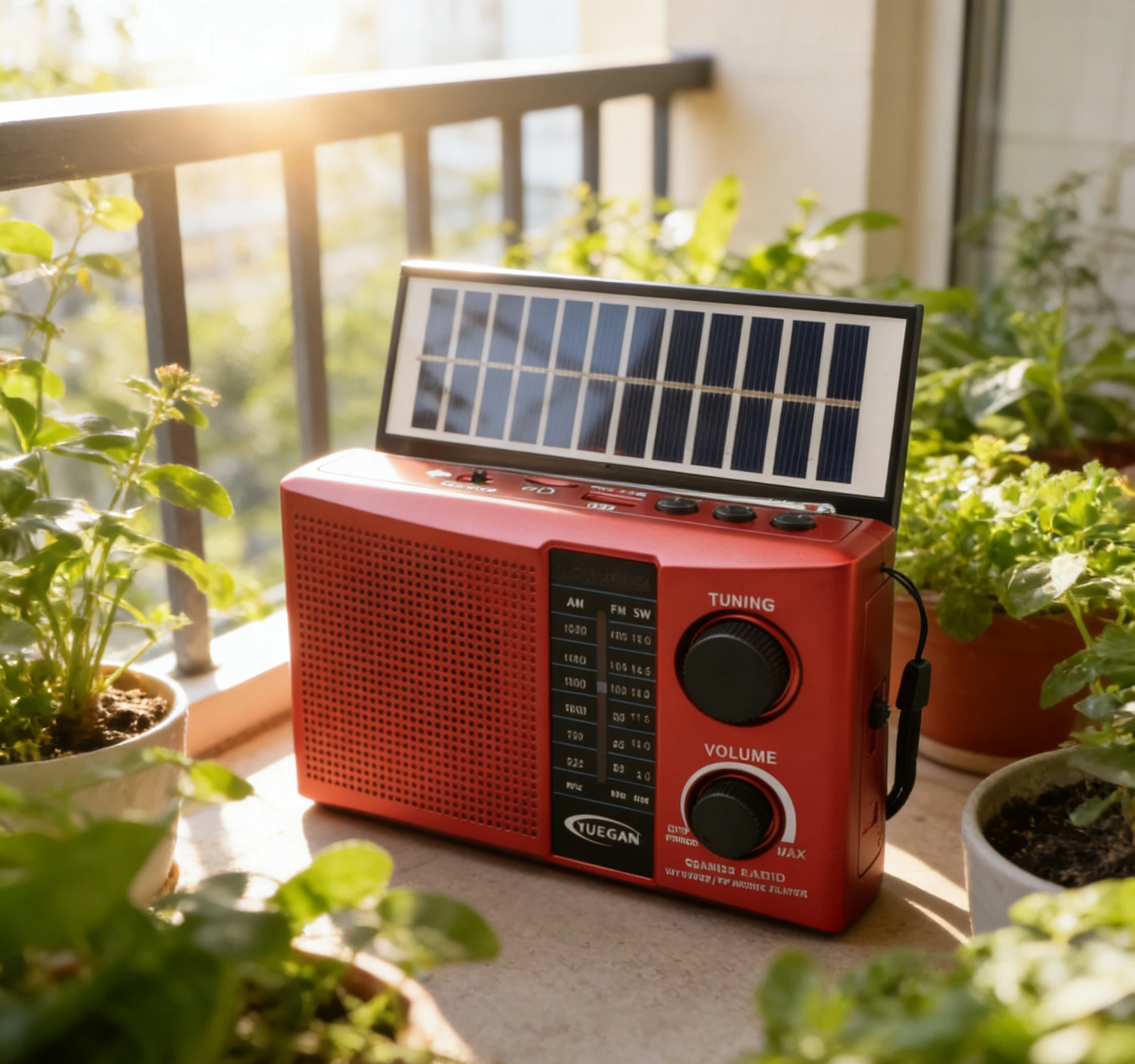 Prenosni solarni retro radio na balkonu osvetljen suncem