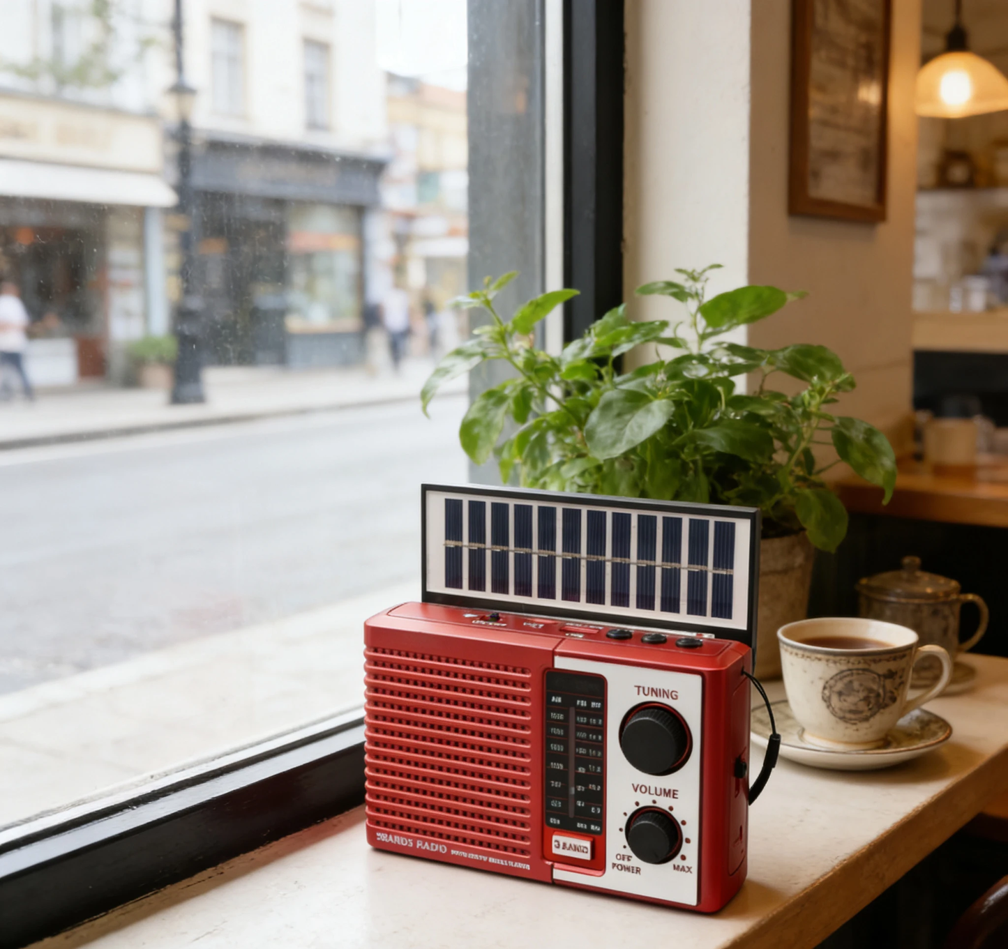 Solarni retro radio na prozorskoj dasci kafica pored biljke i solje kafe