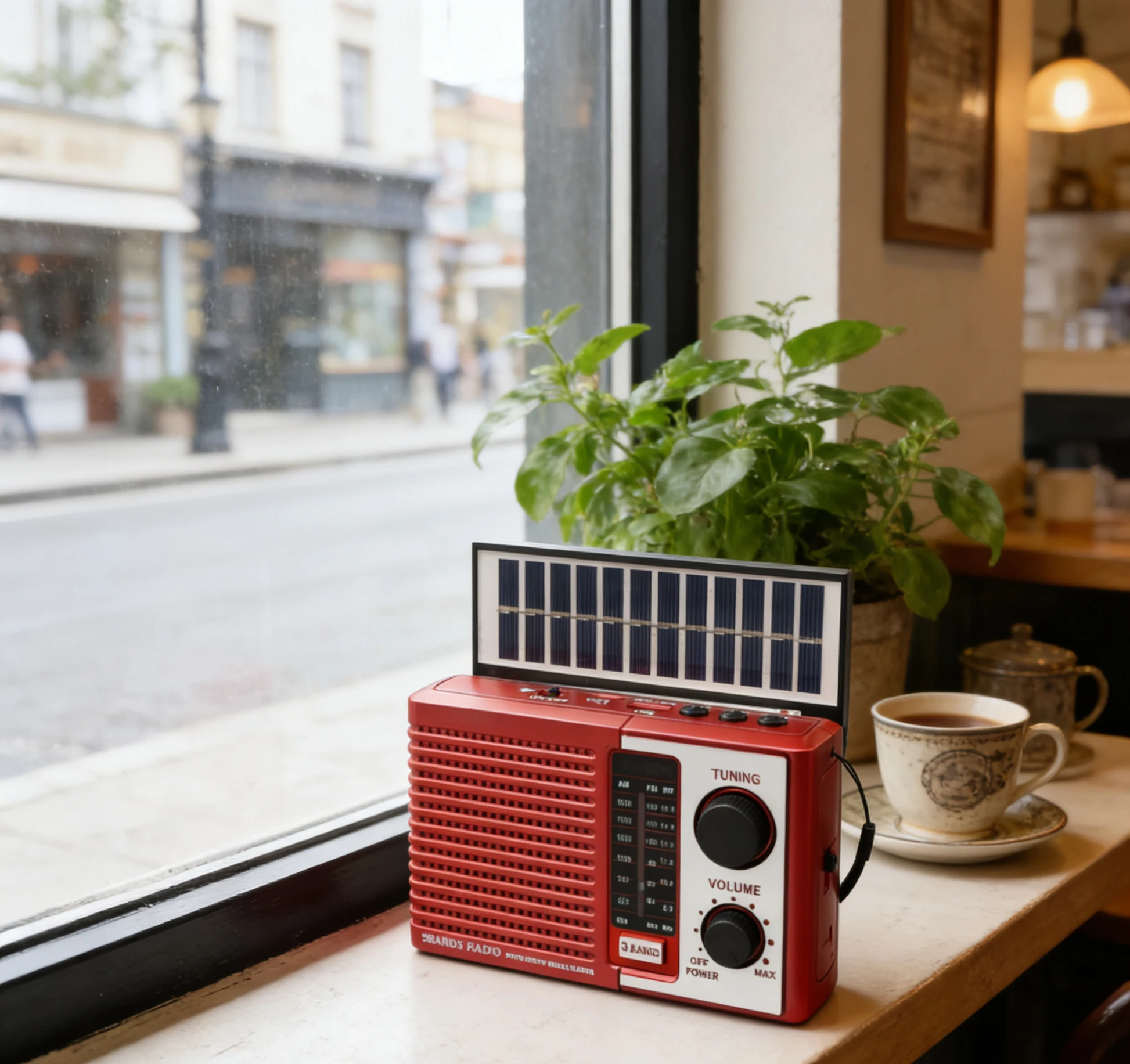 Solarni retro radio na prozorskoj dasci kafica pored biljke i solje kafe