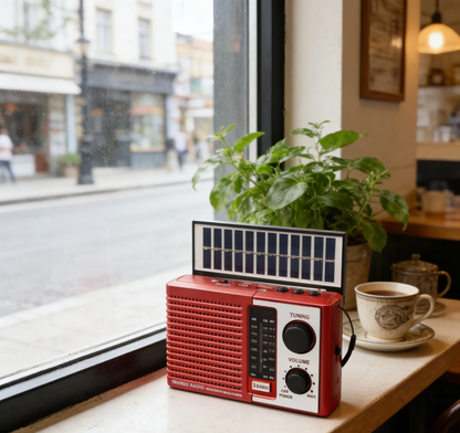Solarni retro radio na prozorskoj dasci kafica pored biljke i solje kafe
