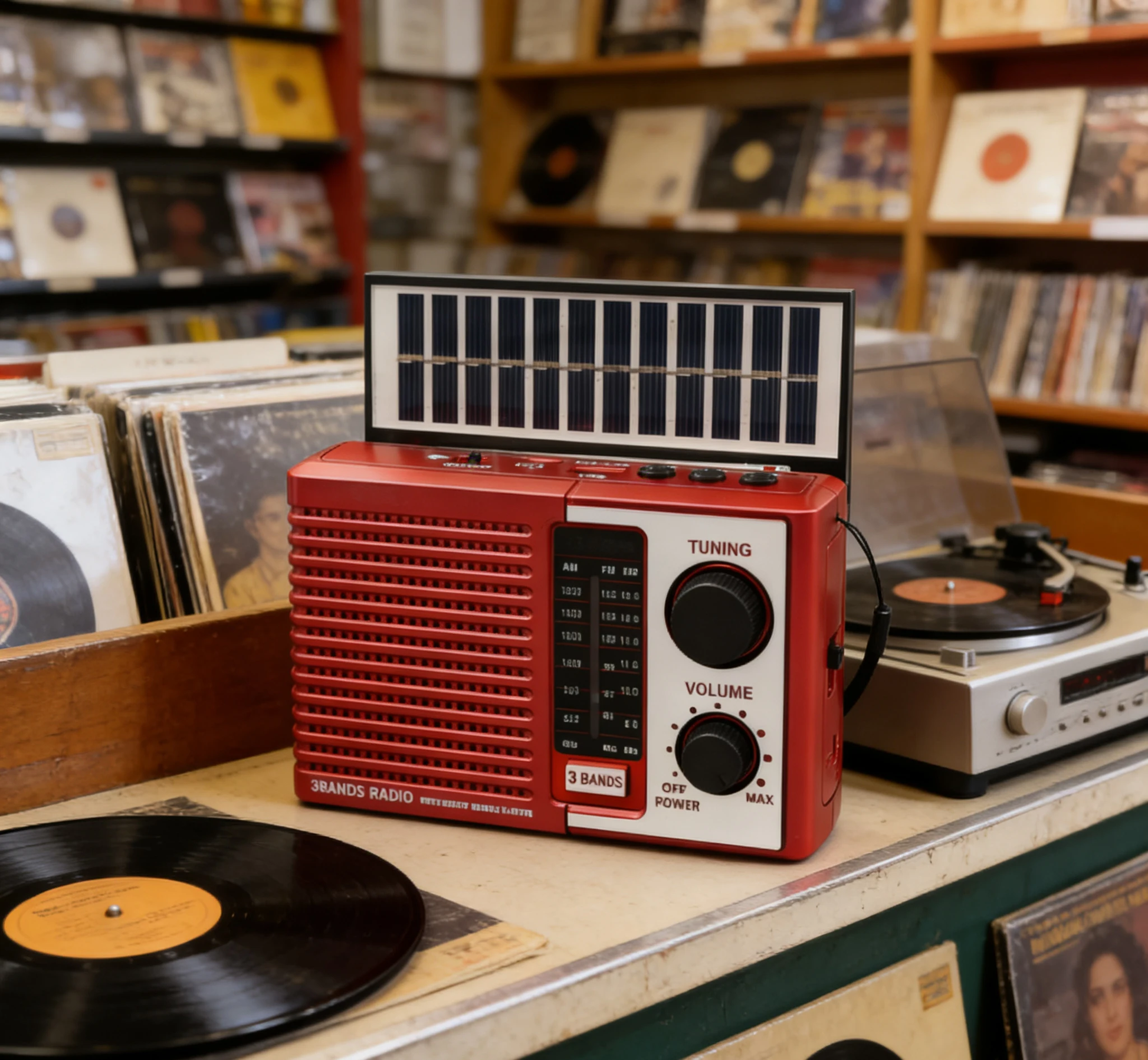 Prenosni solarni retro radio na pultu okruzen gramofonskim plocama