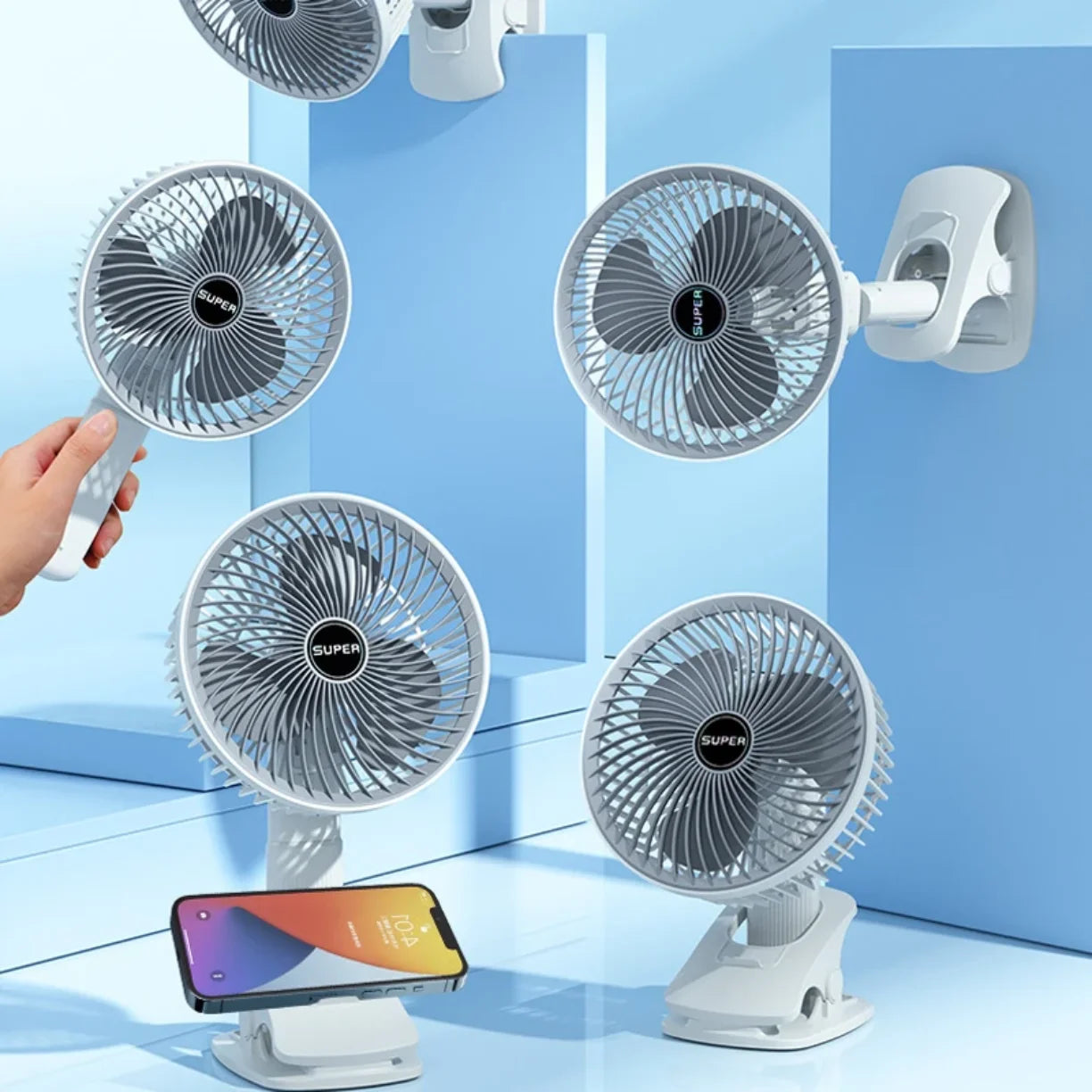 Prenosni ventilator 4u1 prikazan u vise rezima sa klips postoljem
