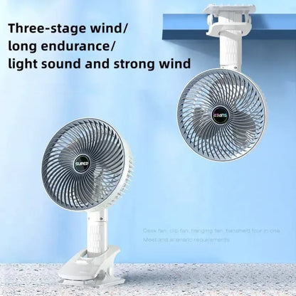 Ventilator sa klipsom i stoni ventilator sa natpisom o trostepenom vetru