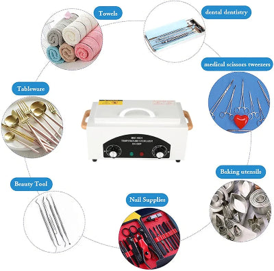 Infografika o primeni Sanitizing Box-a za sterilizaciju pribora u salonu. Pogodno za kozmeticke salone i kucnu upotrebu.
