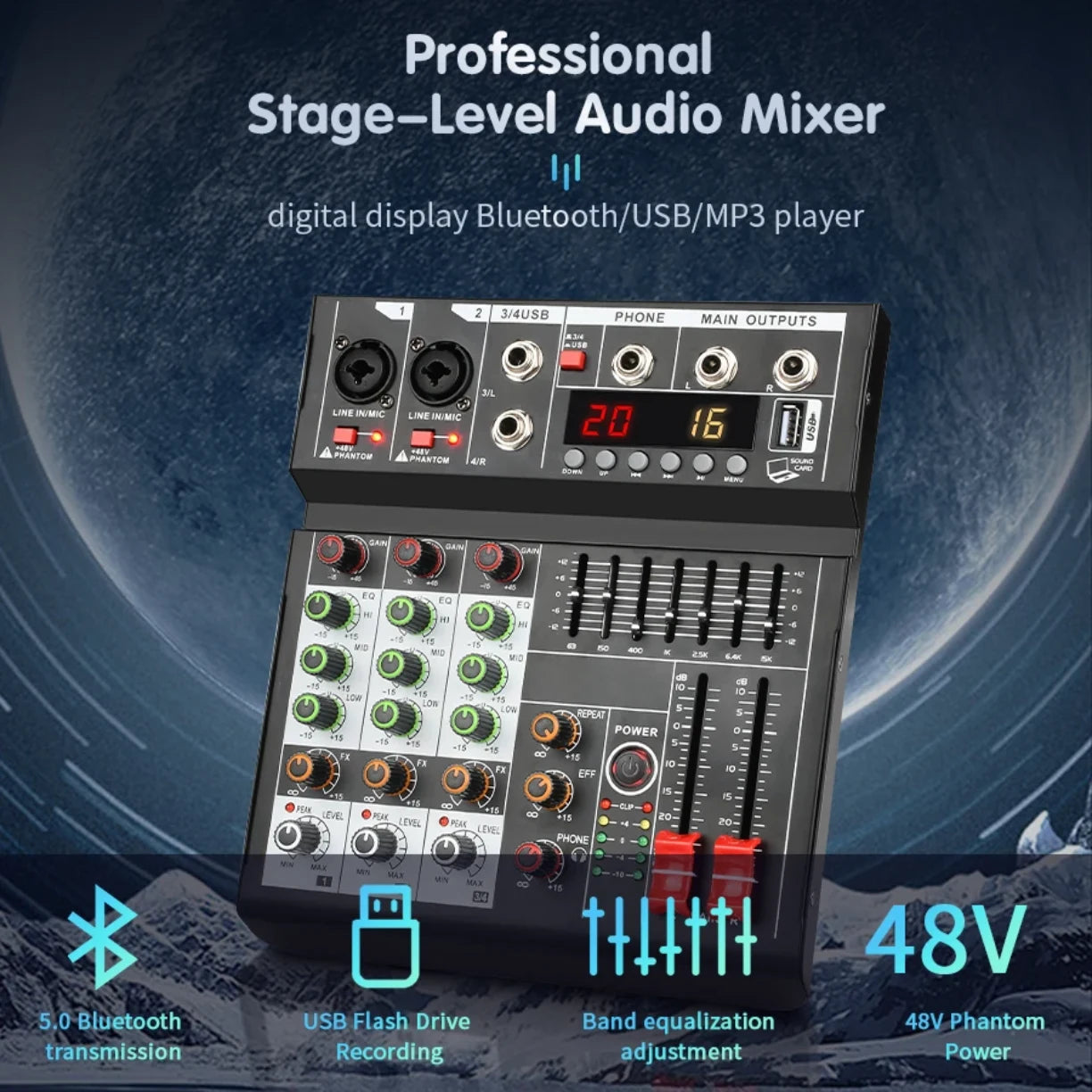 Profesionalni audio mikser sa bluetooth, USB i 48V phantom napajanjem