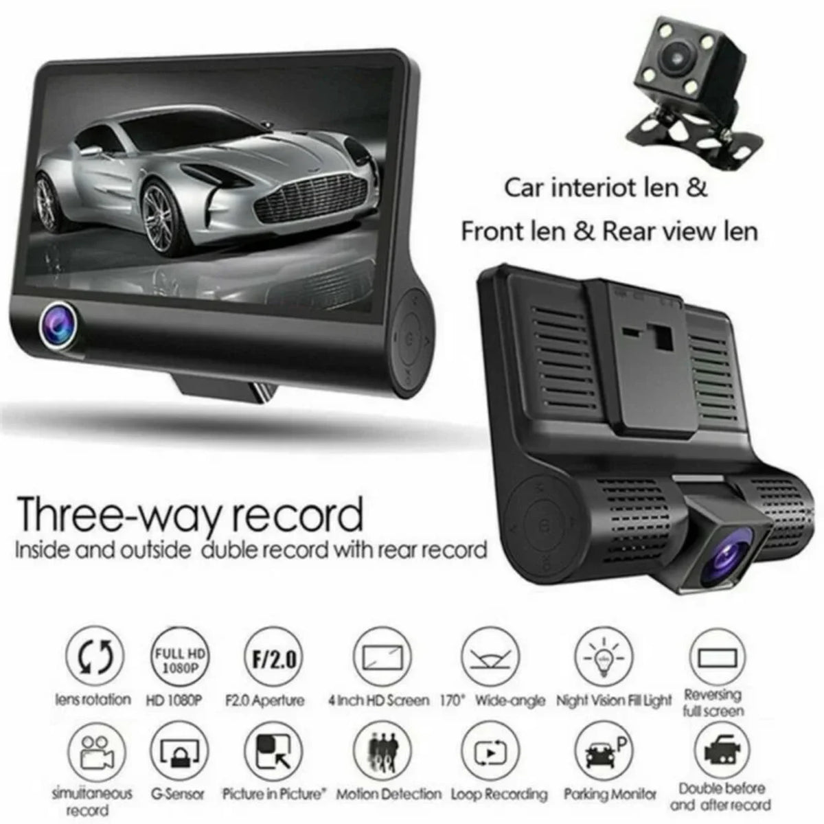 Promo slika auto kamere sa tri nacina snimanja i istaknutim funkcijama