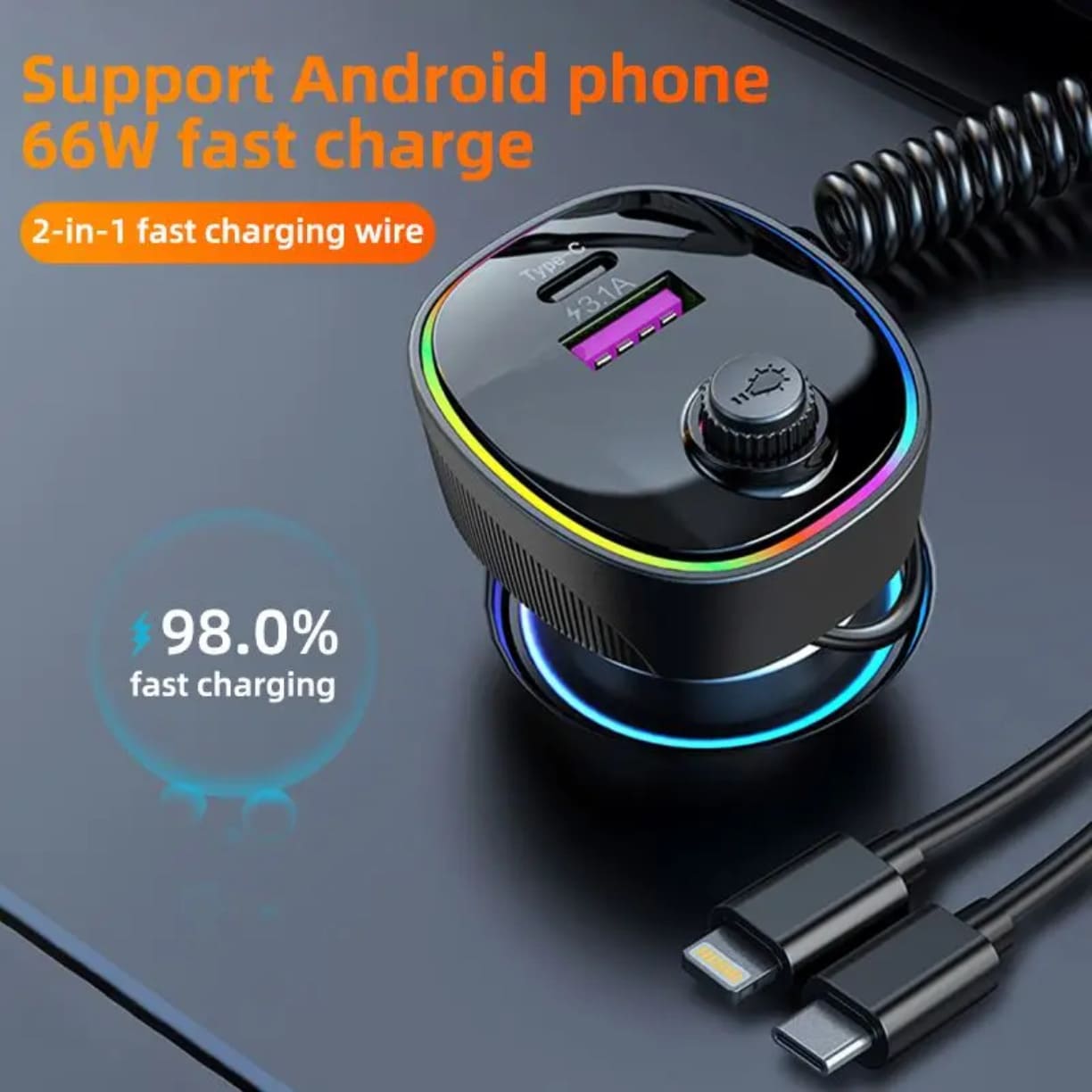 Punjac za auto podrzava brzo punjenje jacine 66w za android mobilne uredjaje sa duplim spiralnim kablom