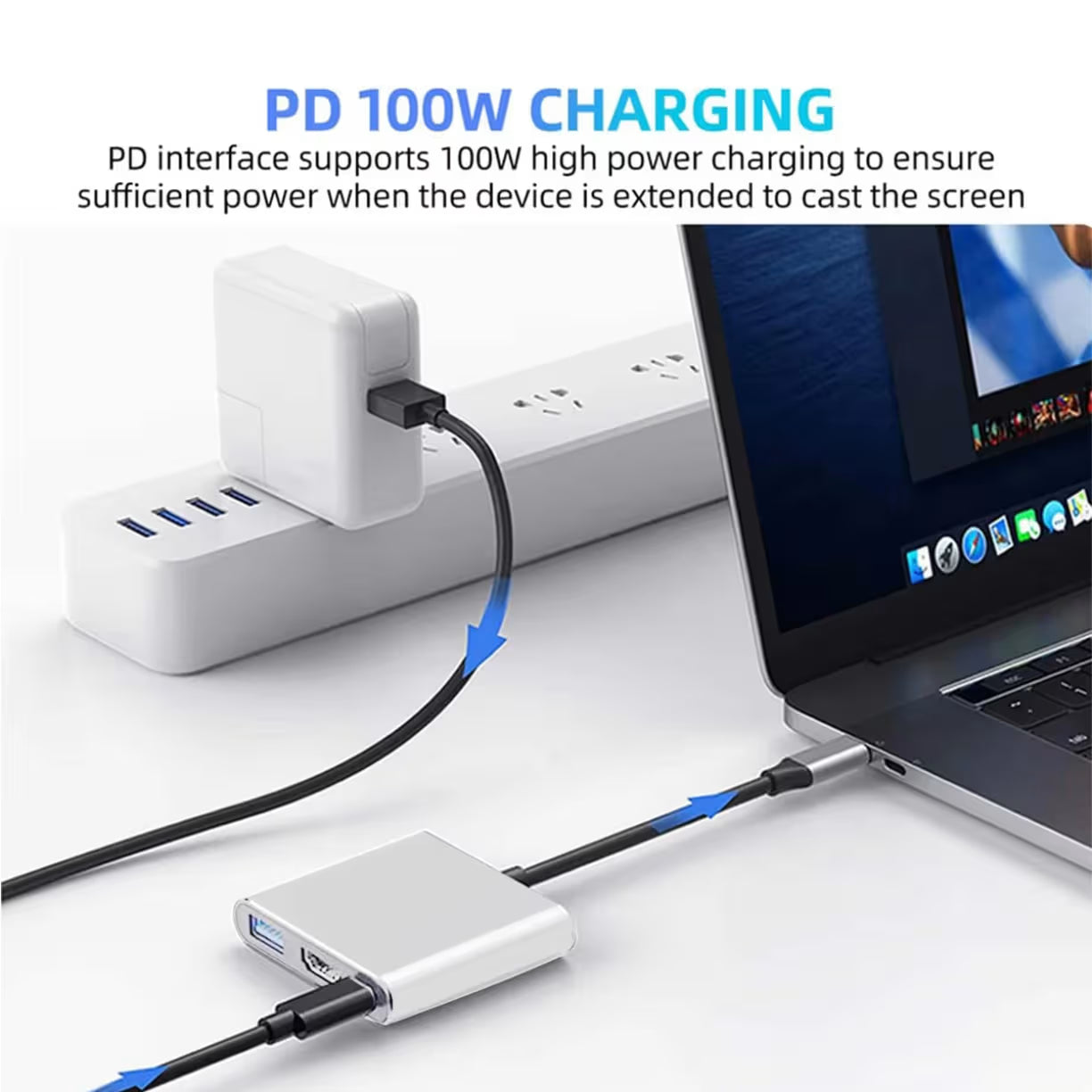 Prikaz punjenja laptopa snage do 100W koriscenjem PD protokola preko kompaktnog adaptera