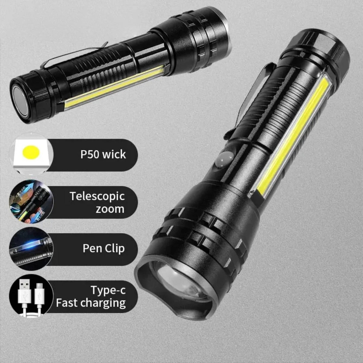 Punjiva LED baterijska lampa sa P50 LED cipom, zumom i USB Type C punjenjem