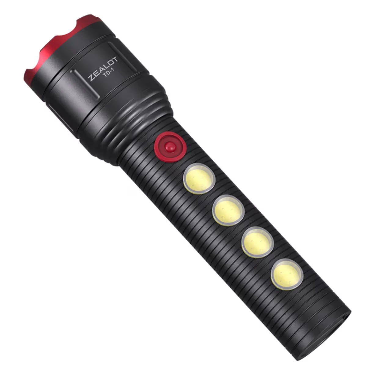 Prikaz rucne lampe iz ravnog ugla sa naglasenim okruglim svetlosnim elementima na rukohvatu i oznakom modela na glavi lampe