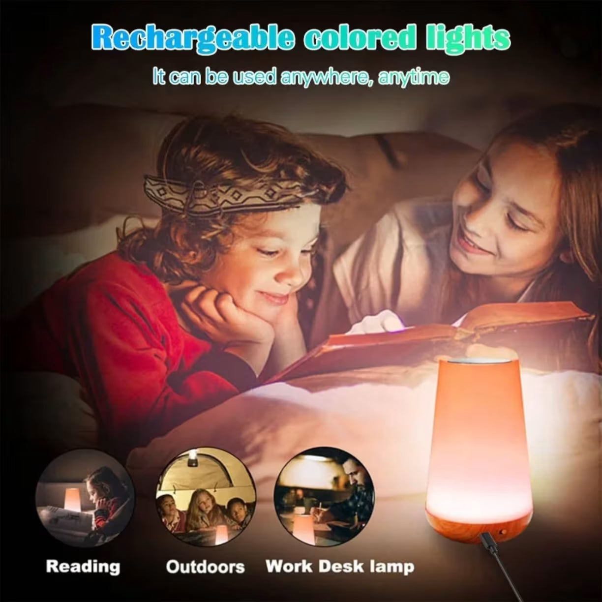 Deca citaju knjigu pod svetlom punjive lampe, sa dodatnim prikazom koriscenja za sator i radni sto