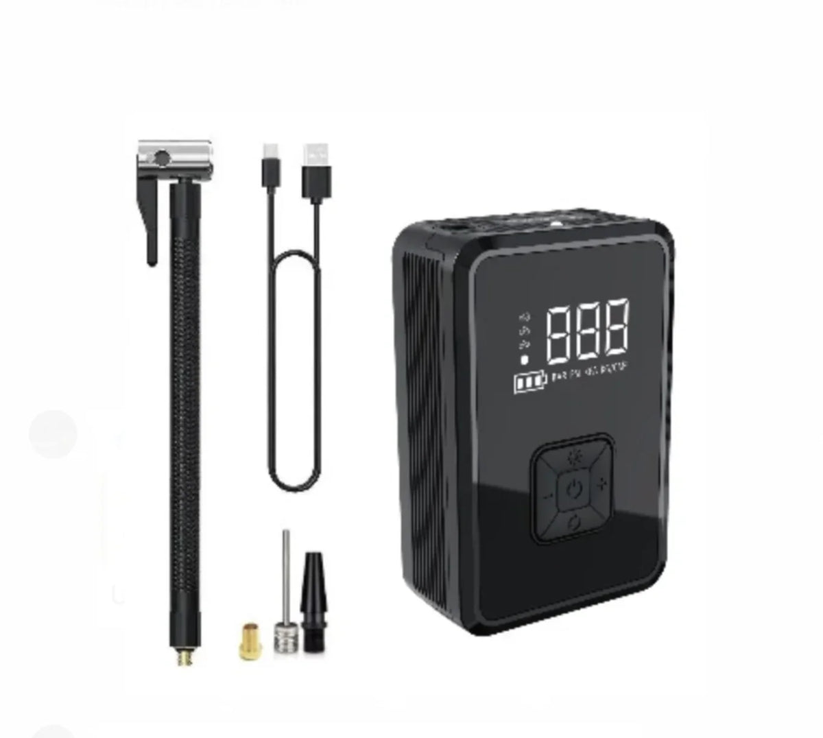 Punjivi mini kompresor za gume sa crevom, USB kablom i nastavcima