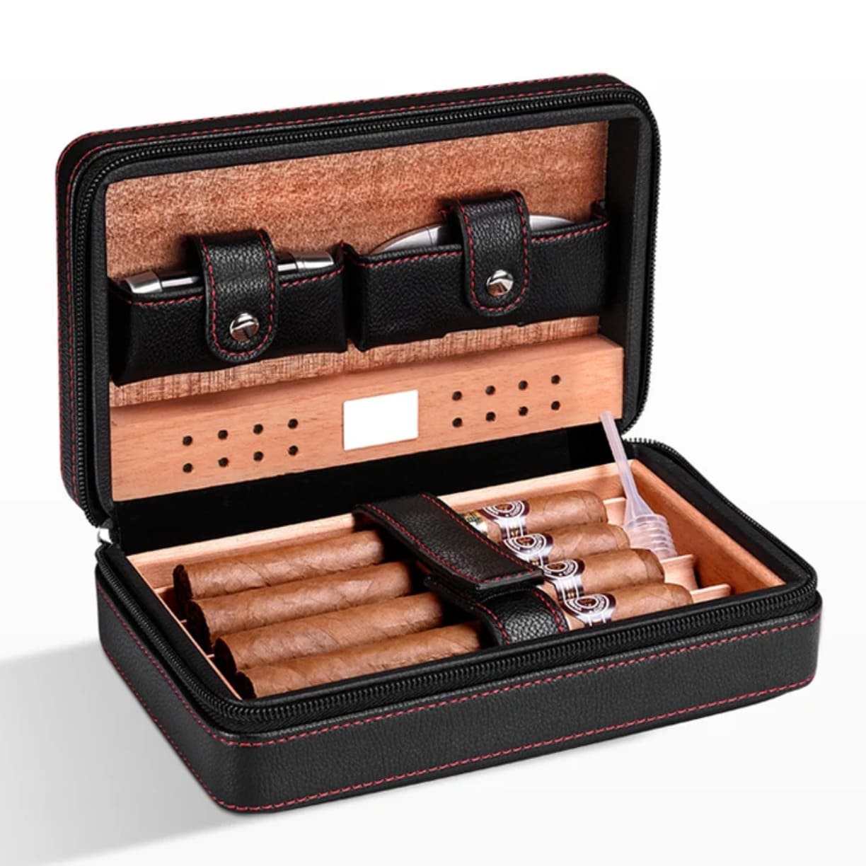 Crni putni humidor za tompuse sa ugrađenim ovlaživačem