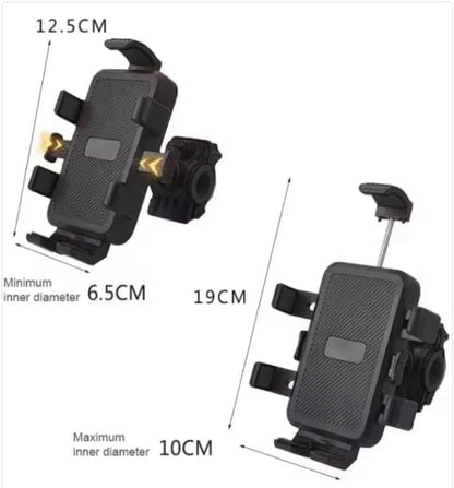 Prikaz dva prikaza Protonust držača za telefon za motocikl sa naznačenim dimenzijama raspona. Gornji prikaz pokazuje minimalni unutrašnji prečnik od 6.5 cm i dužinu držača od 12.5 cm.