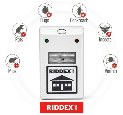 Prikaz ultrazvucnog rasterivaca stetocina, sa ilustrovanim ikonama insekata, buba, pacova, miseva i drugih stetocina koje uredjaj odbija. Ekološki prihvatljiv i siguran za upotrebu.