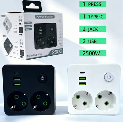 Crni i beli zidni razdelnik 2 uticnice 2 USB i Type C 2500W