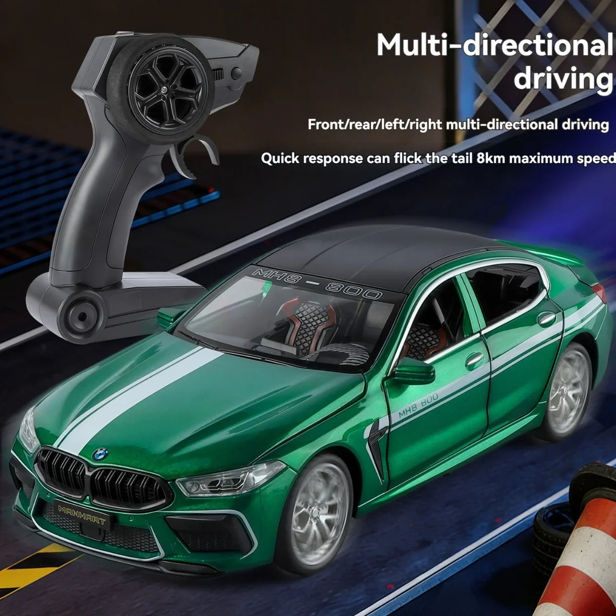 Zeleni RC auto BMW M8 u voznji na stazi sa daljinskim