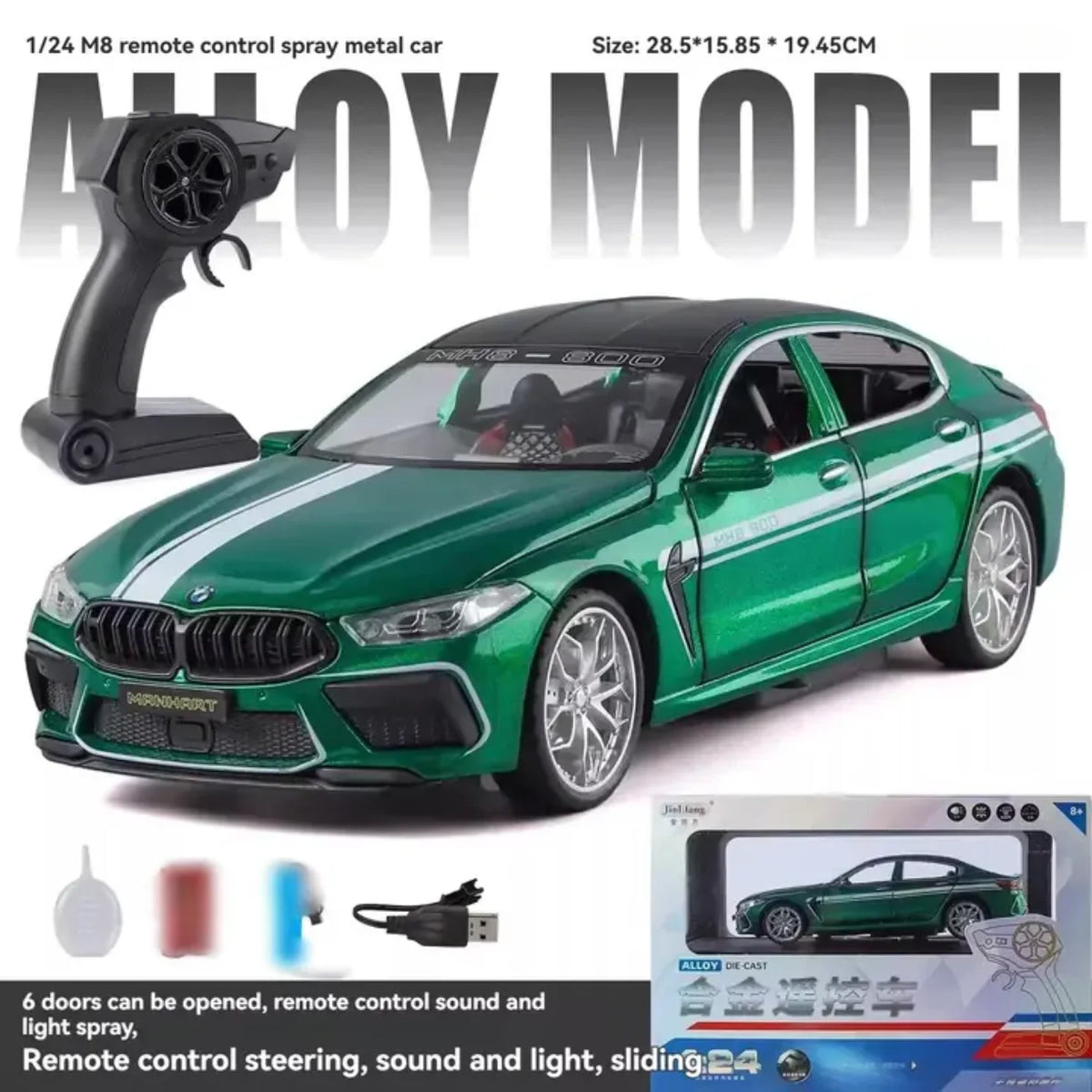 Zeleni RC auto BMW M8 sa daljinskim, USB kablom i dodatnom opremom