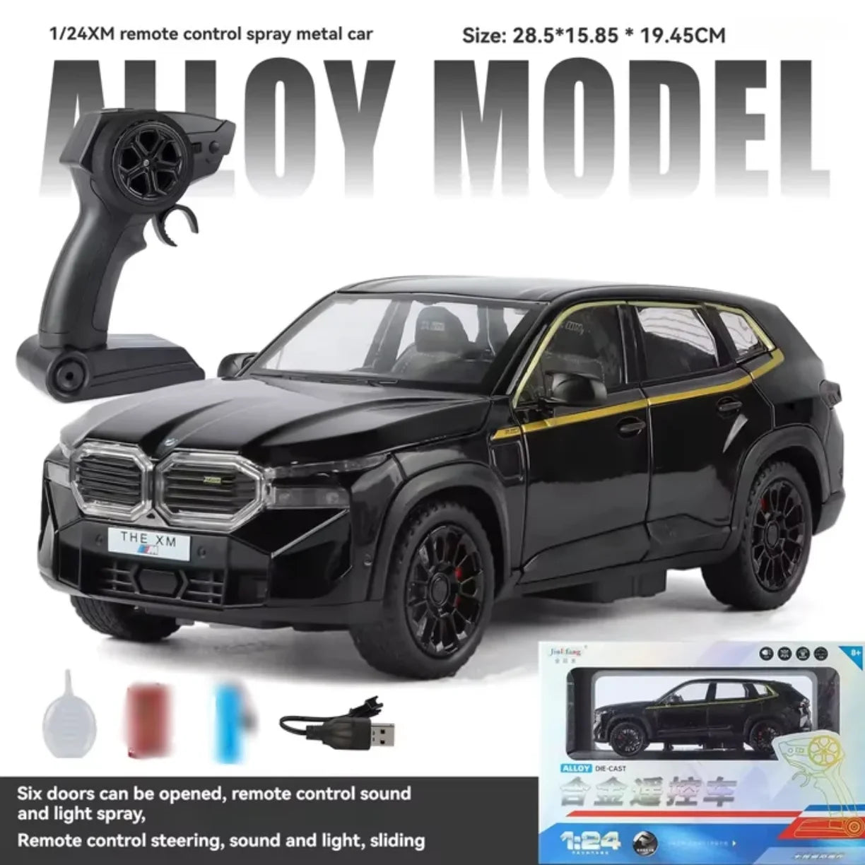 Crni RC auto BMW XM 1:24 sa daljinskim upravljacem i USB punjenjem
