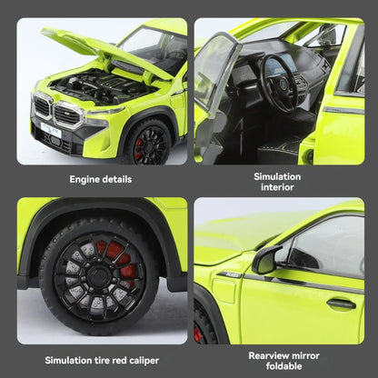 Detalji motora enterijera i tockova na zelenom RC autu BMW XM
