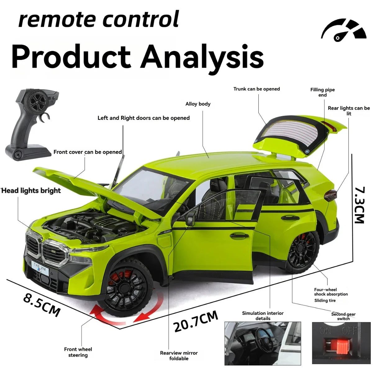 RC auto BMW XM 1:24 sa otvorenim vratima haubom i gepekom i oznacenim funkcijama