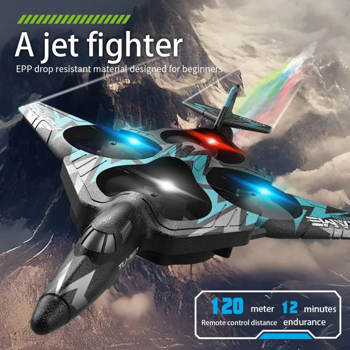 rc avion na daljinsko upravljanje sa led svetlima u letu iznad planina