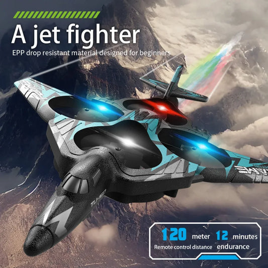 rc avion na daljinsko upravljanje sa led svetlima u letu iznad planina