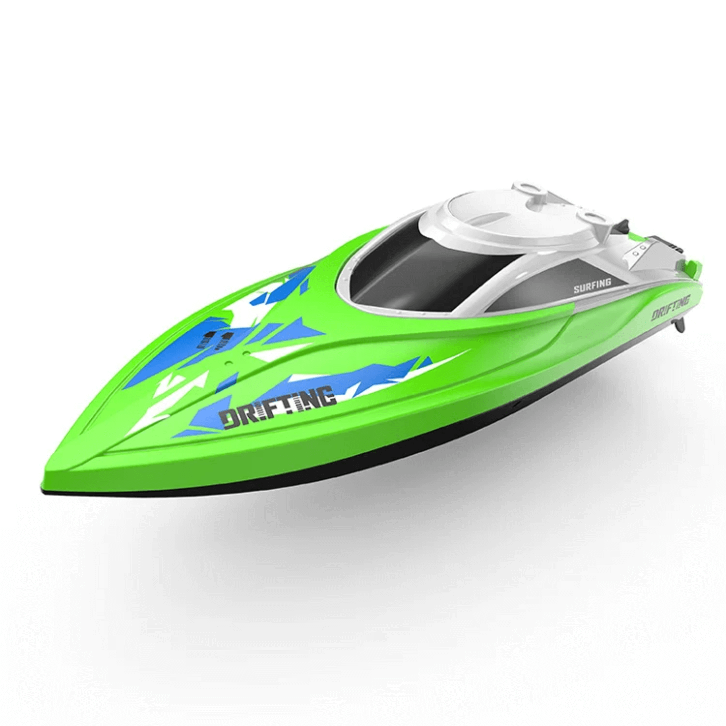 rc racing boat bočni pogled zelenog modela sa deteljima trupa dizajniranog za brze voznje po vodi