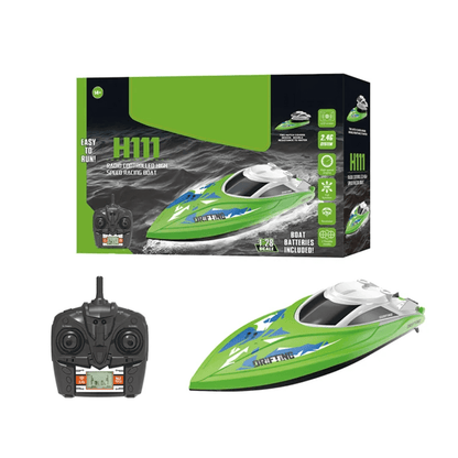 rc racing boat prikaz kutije i zelenog modela camca na daljinsko upravljanje sa kontrolerom spremno za upotrebu