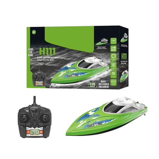 rc racing boat prikaz kutije i zelenog modela camca na daljinsko upravljanje sa kontrolerom spremno za upotrebu
