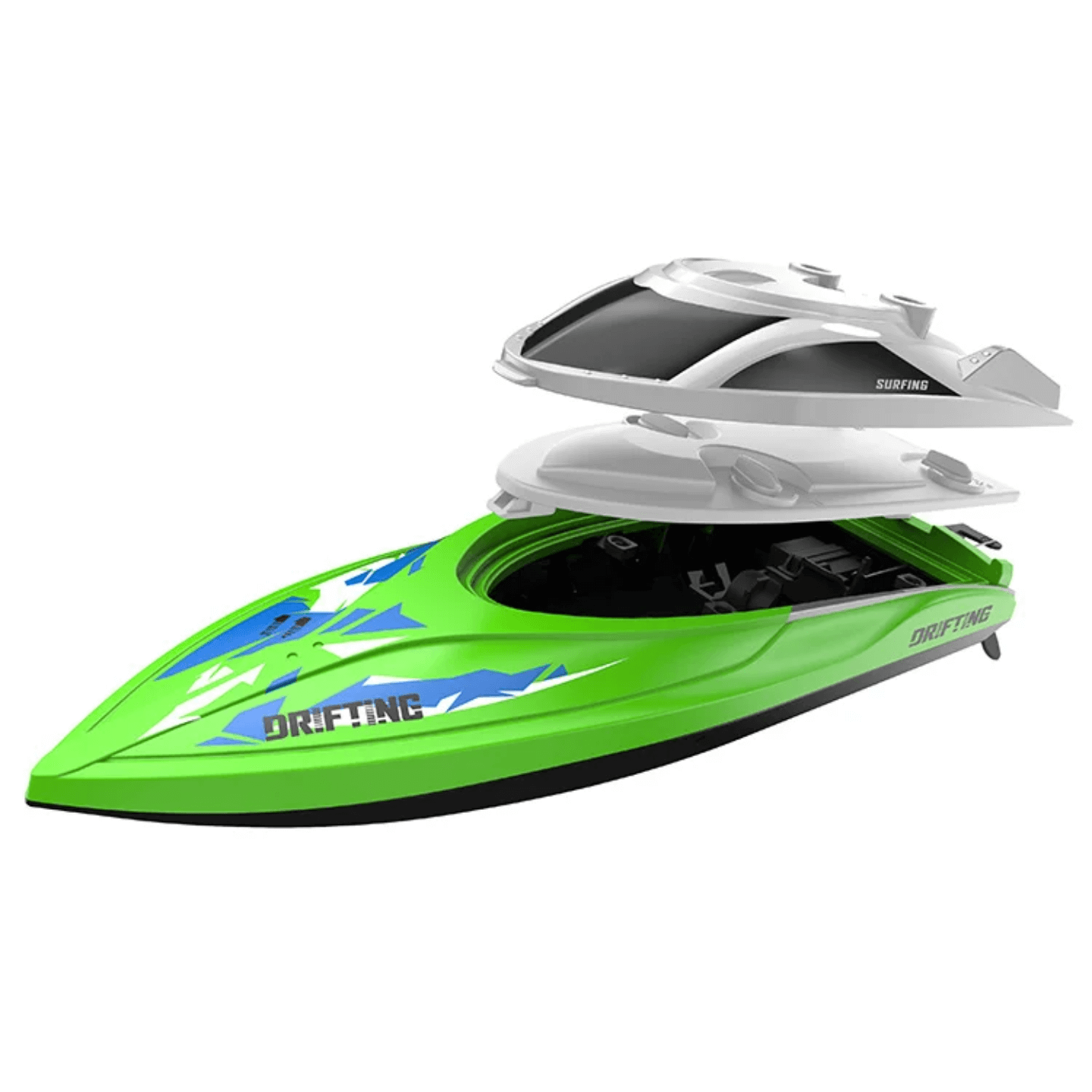 rc racing boat prikaz otvorenog poklopca camca sa vidljivim unutrasnjim delovima i detaljima konstrukcije