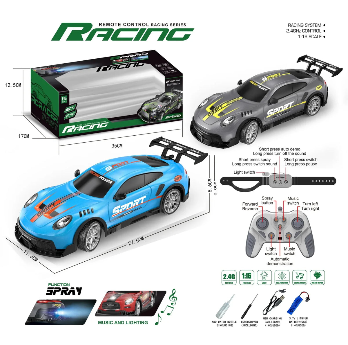 RC trkacki auto na daljinski sa sprej funkcijom, muzikom i kompletnom opremom